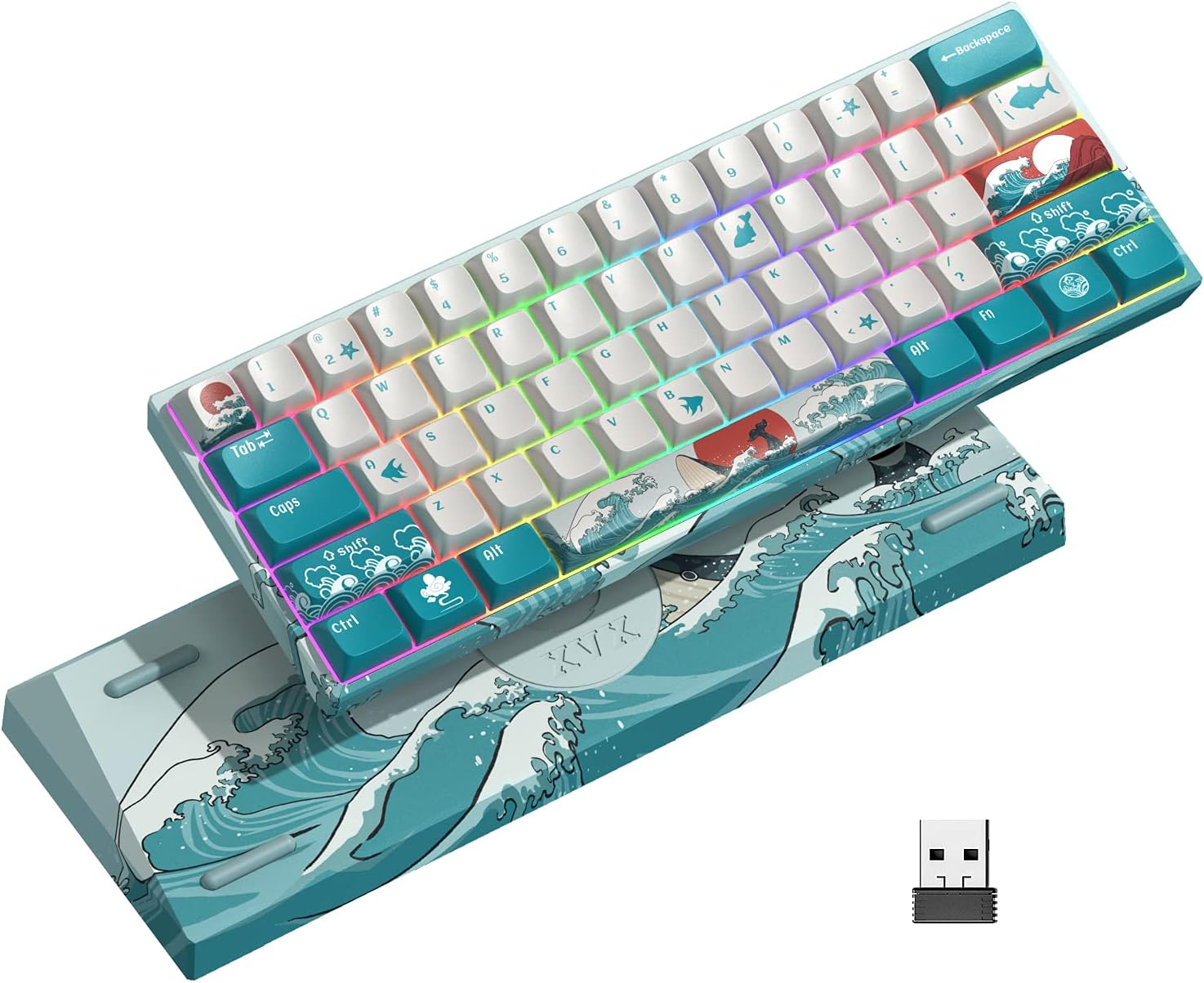 XVX M61 60% Mechanical Keyboard Wireless, Ultra-Compact 2.4G Rechargeable Gaming Keyboard, RGB Backlit Ergonomic Keyboard for Windows Mac PC Gamers(Coral Sea Theme, Gateron Brown Switch)