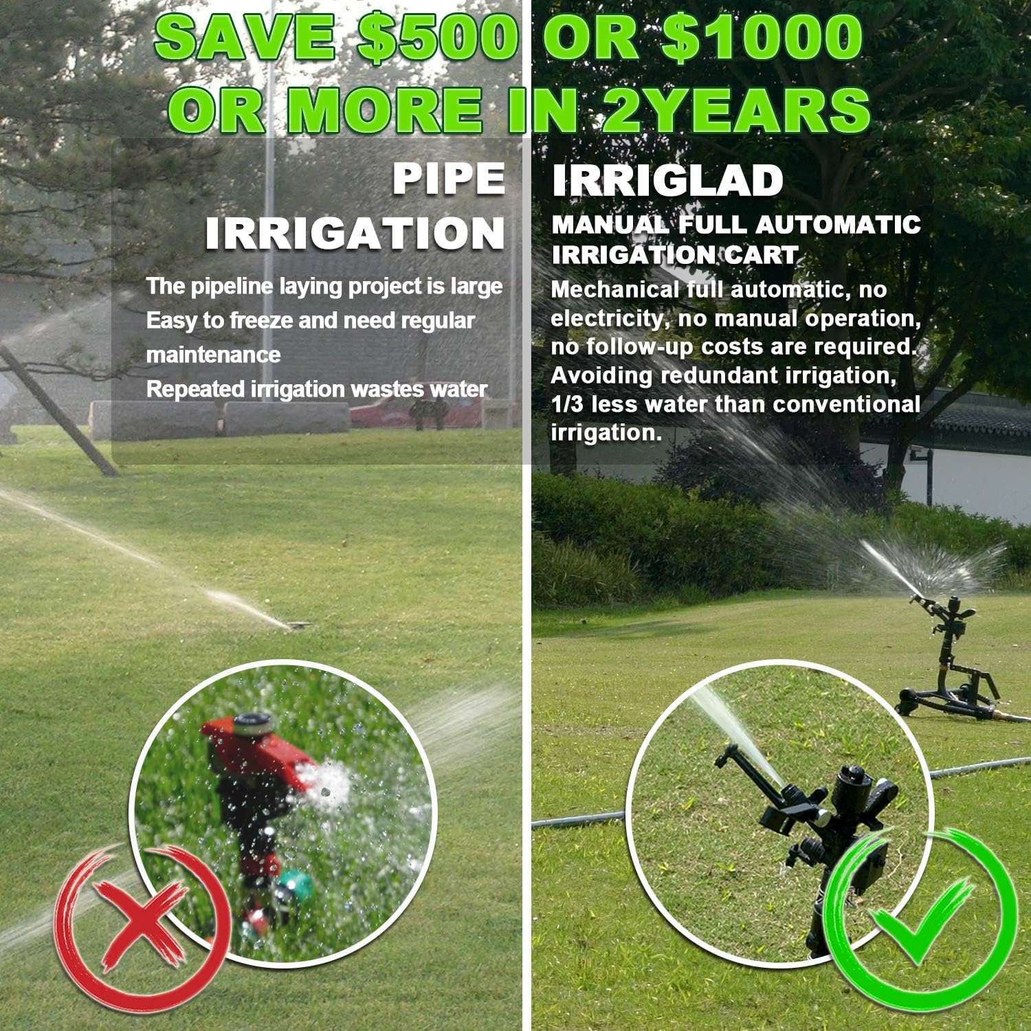 IRRIGLAD Mechanical Fully Automatic Garden Hose Reel Cart, Water Planting Truck, 66Ft Retractable Garden Hose Reel Cart and Convenient Hose Guide, For Lawn Irrigation for Gardens, Farm, Pasture