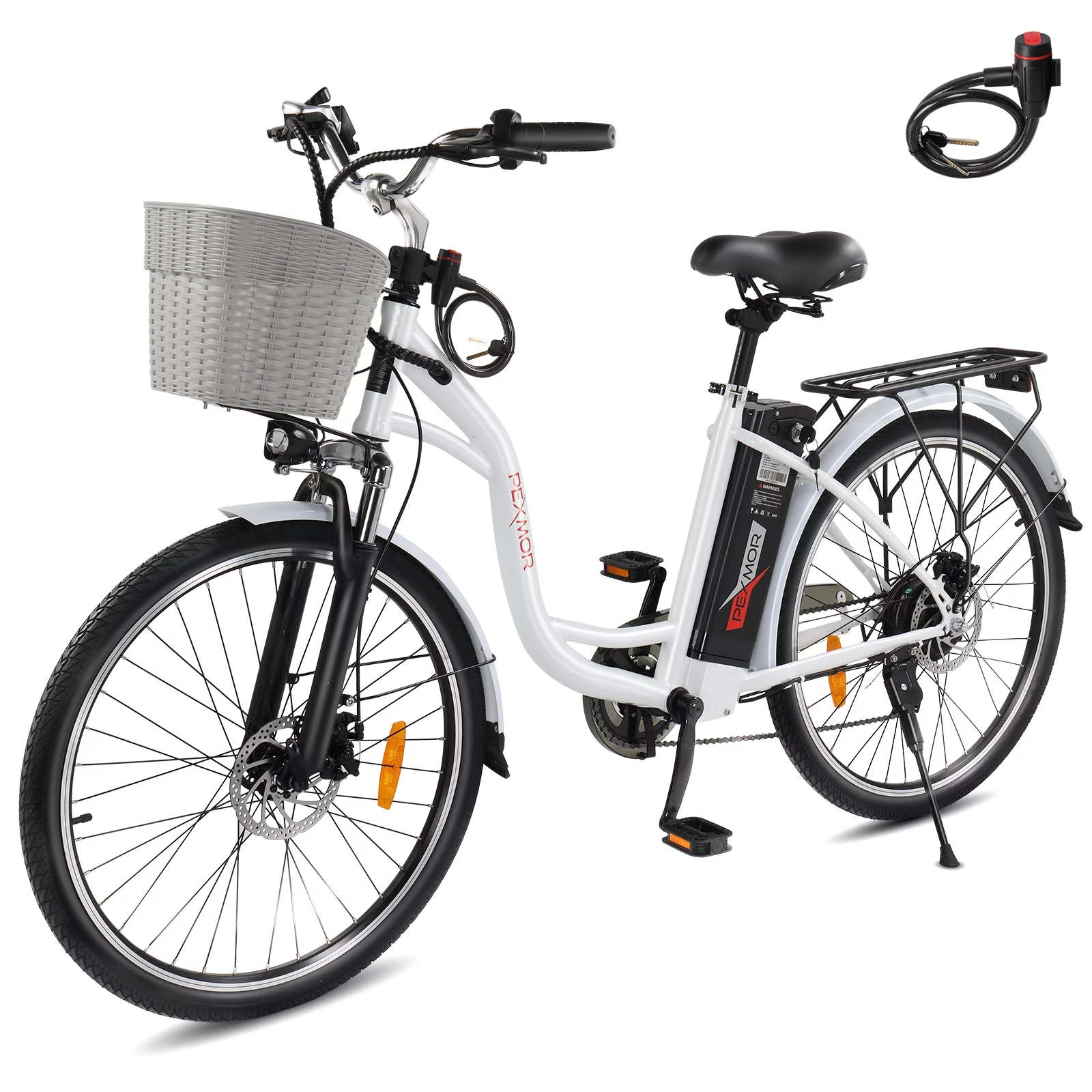 PEXMOR Electric Bike for Adults, 350W Electric City Cruiser Bike  Ebike 36V 12.5AH Removable Battery, 26" Electric Commuter Bicycle Shimano 6-Speed Dual Shock Absorber w/Basket & Headlight