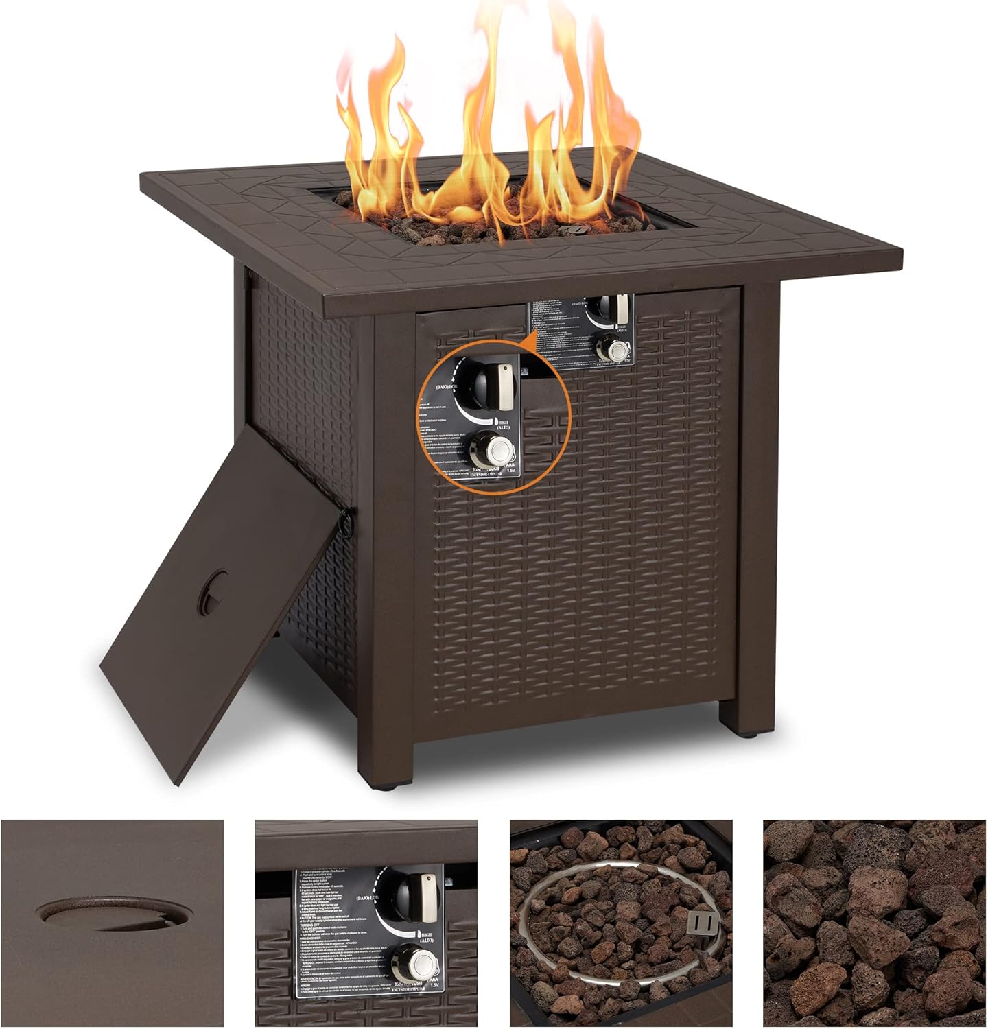 ECOTOUGE 28 Inch Propane Fire Pit Table(Wicker & Rattan, Square), 50,000 BTU Outdoor Gas Fire Table with Lava Stone, Lid, ETL CSA Certification for Outside Garden, Backyard, Deck, Patio(Brown)