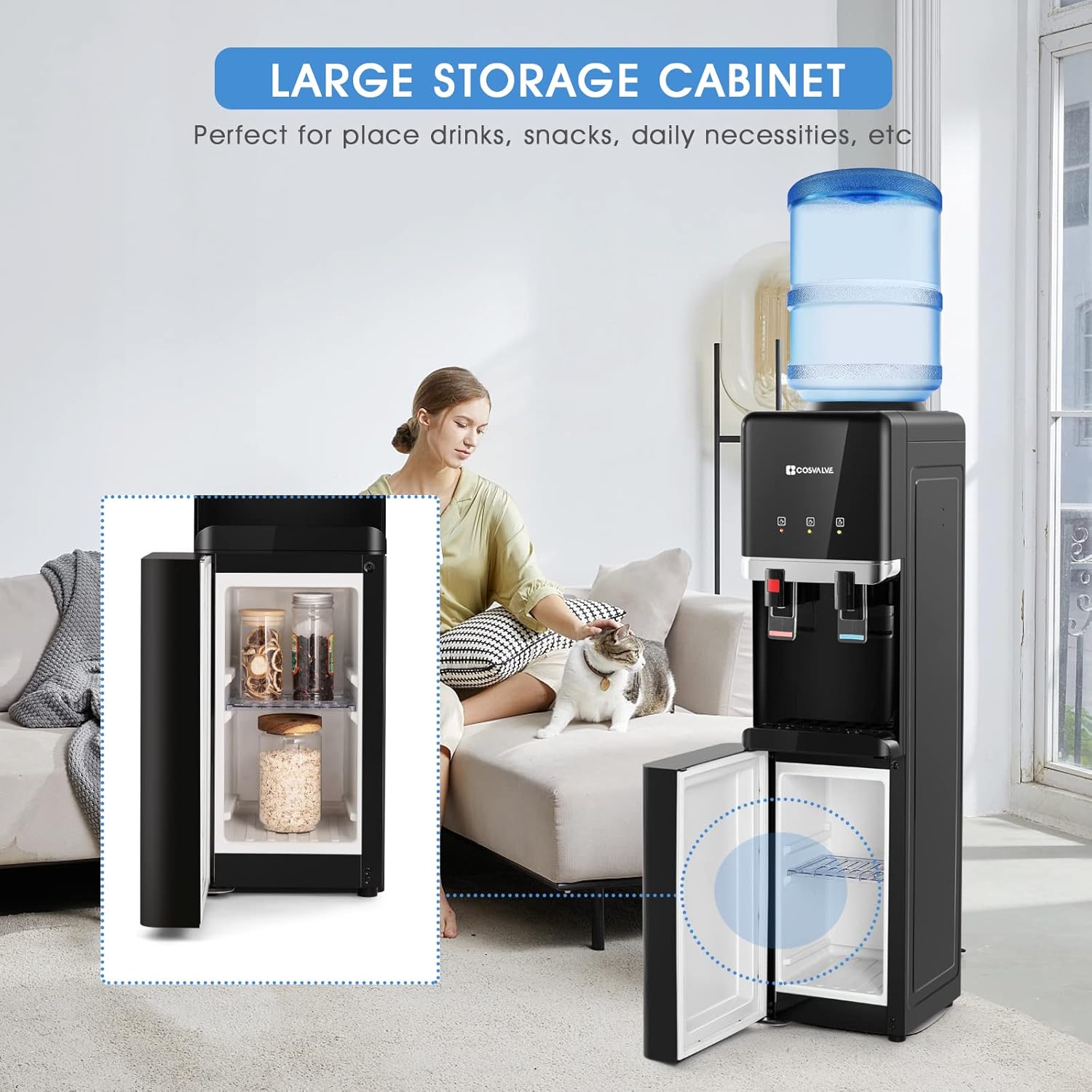 COSVALVE Water Cooler Dispenser, 5 Gallon Top Loading Hot/Cold Water Cooler,Compression Refrigeration w/Child Safety Lock,Storage Cabinet for Home Office, Apartment