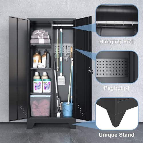 61" H Broom Closet Cabinet, Metal Storage Cabinet with Lockable Doors and Pegboard, Utility Closet for Brooms and Mops, Tool Cabinets for Home Office, Laundry Room, Garage, Workshop