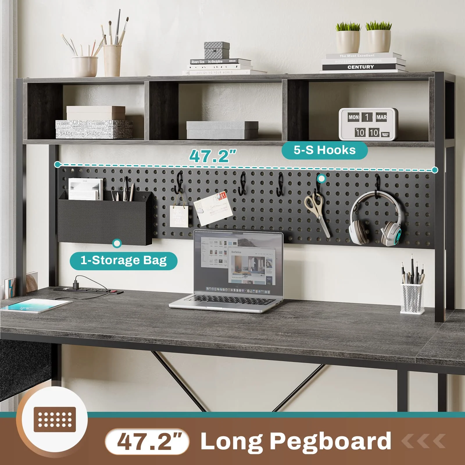 L Shaped Desk with Hutch, Long Home Office Desk with Power Outlet & Led Light,Computer Gaming Desk with Storage Shelves,Keyboard Tray,Hook,Grey