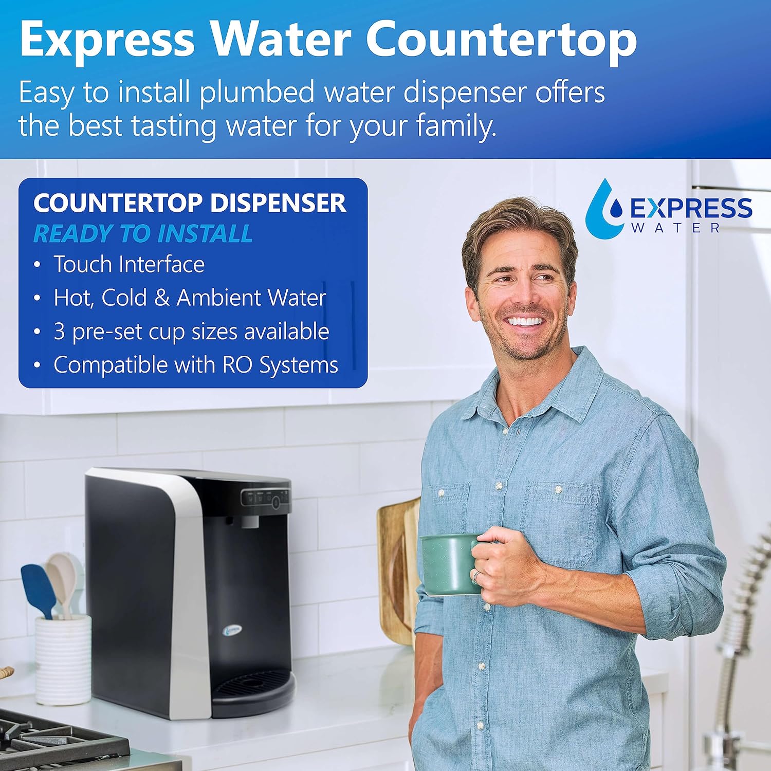 Express Water Countertop Water Dispenser Hot & Cold Water Dispenser, Touch Panel Water Cooler Dispenser with Pre-Set Cup Sizes, Water Machine Easily Connects to Reverse Osmosis Water Filtration System