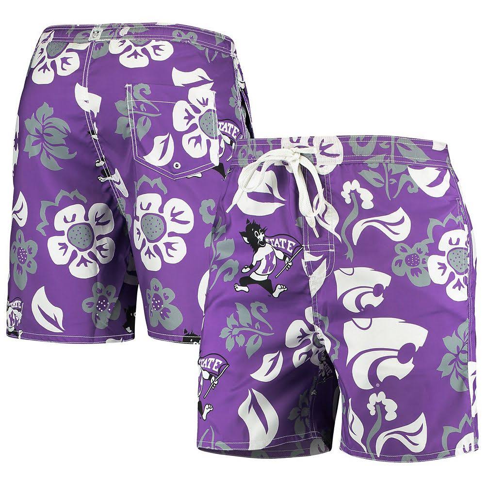 Men&s Wes u0026 Willy Purple Kansas State Wildcats Floral Volley Logo Swim Trunks Size: Small