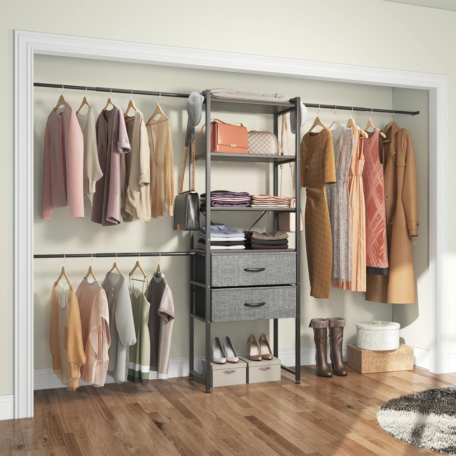 Timate P8 6 to 9 FT Closet Organizer System Kit, Metal Closet System by 3 Expandable Hanging Rod with 2 Gray Drawers and 4 Shelves, Custom Adjustable Closet Shelves for Bedroom,Cloakroom,24-inch-Black