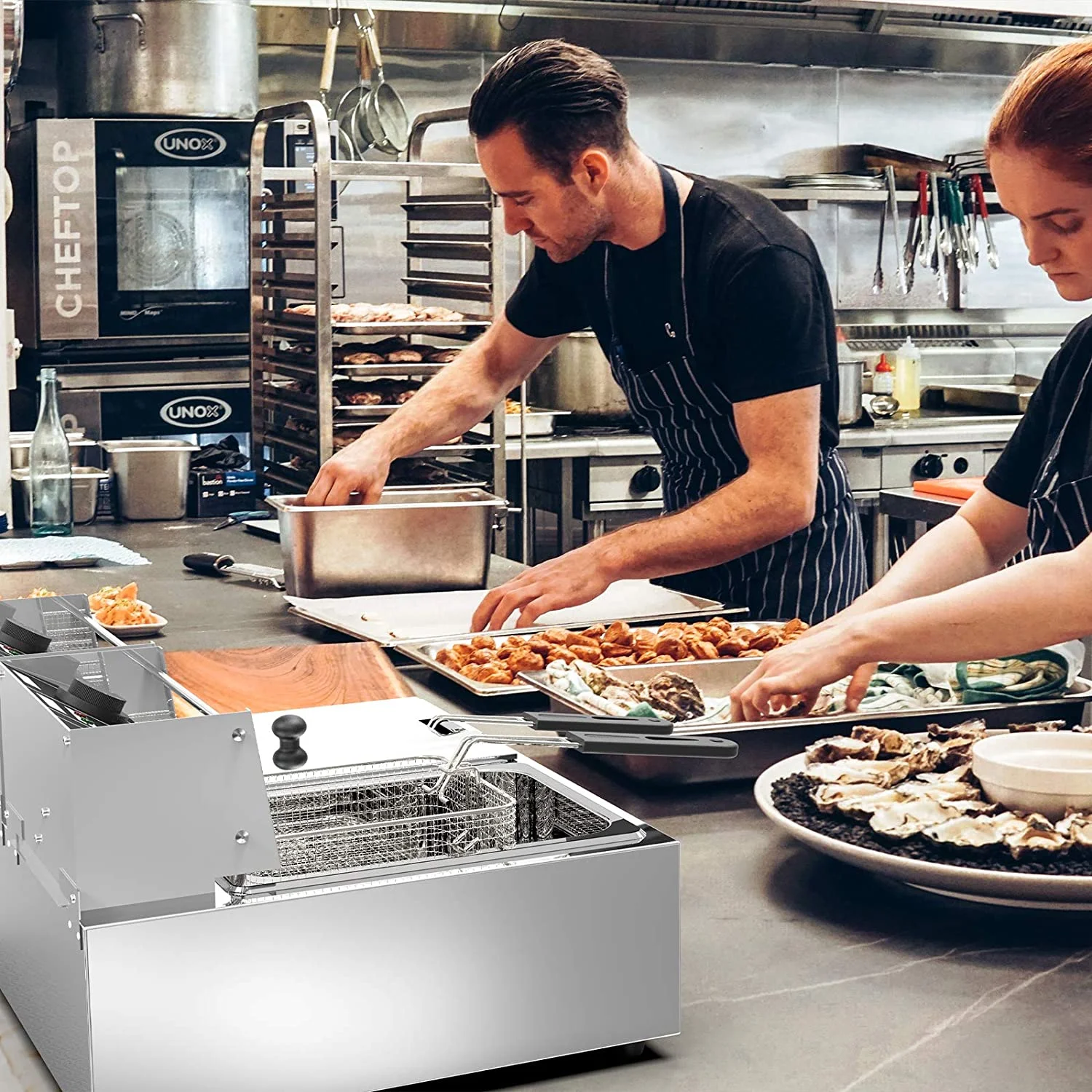 SUNCOO 16Liter Large Electric Fryer Deep Fryer Commercial French Fryer Countertop with Removable Baskets Stainless Steel Restaurant Home Kitchen 2 Baskets Double Tank 3600W