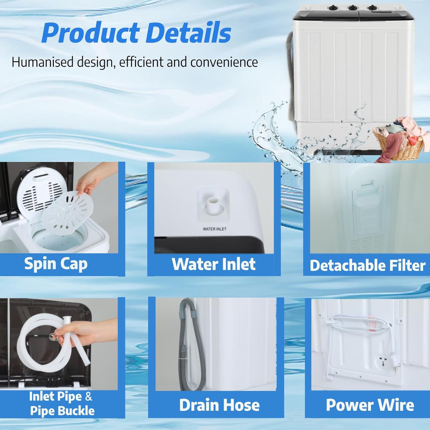 Nictemaw Portable 30Lbs Twin Tub Washing Machine Washer and Dryer Combo, 2 In 1 Compact Laundry Washer (19Lbs) and Spinner (11Lbs) with Built-in Drain Pump for Apartment Dorms RV, Black+White