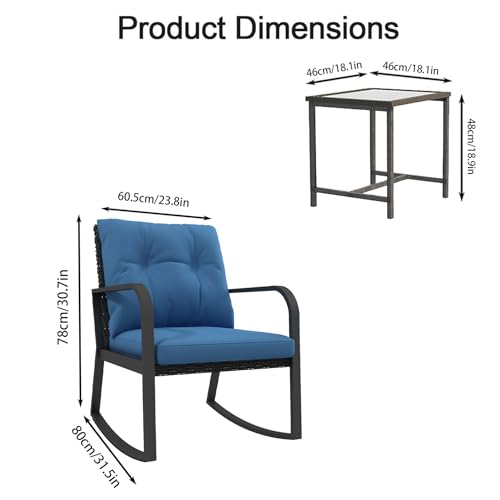 3 Piece Rocking Bistro Patio Set, Outdoor Rocking Chair, Outdoor Bistro Sets Wicker Patio Furniture Rocking Chairs Sectional Couch with Tempered Glass Top Coffee Table & Cushions, Dark Blue