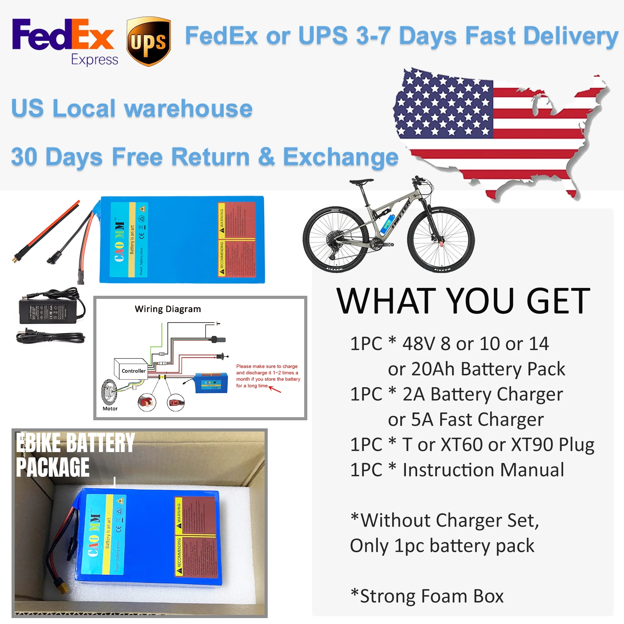 Ebike Battery 48V 8Ah Lithium Battery 30A BMS with Charger 48V Battery for 750W Electric Bike Motorcycle
