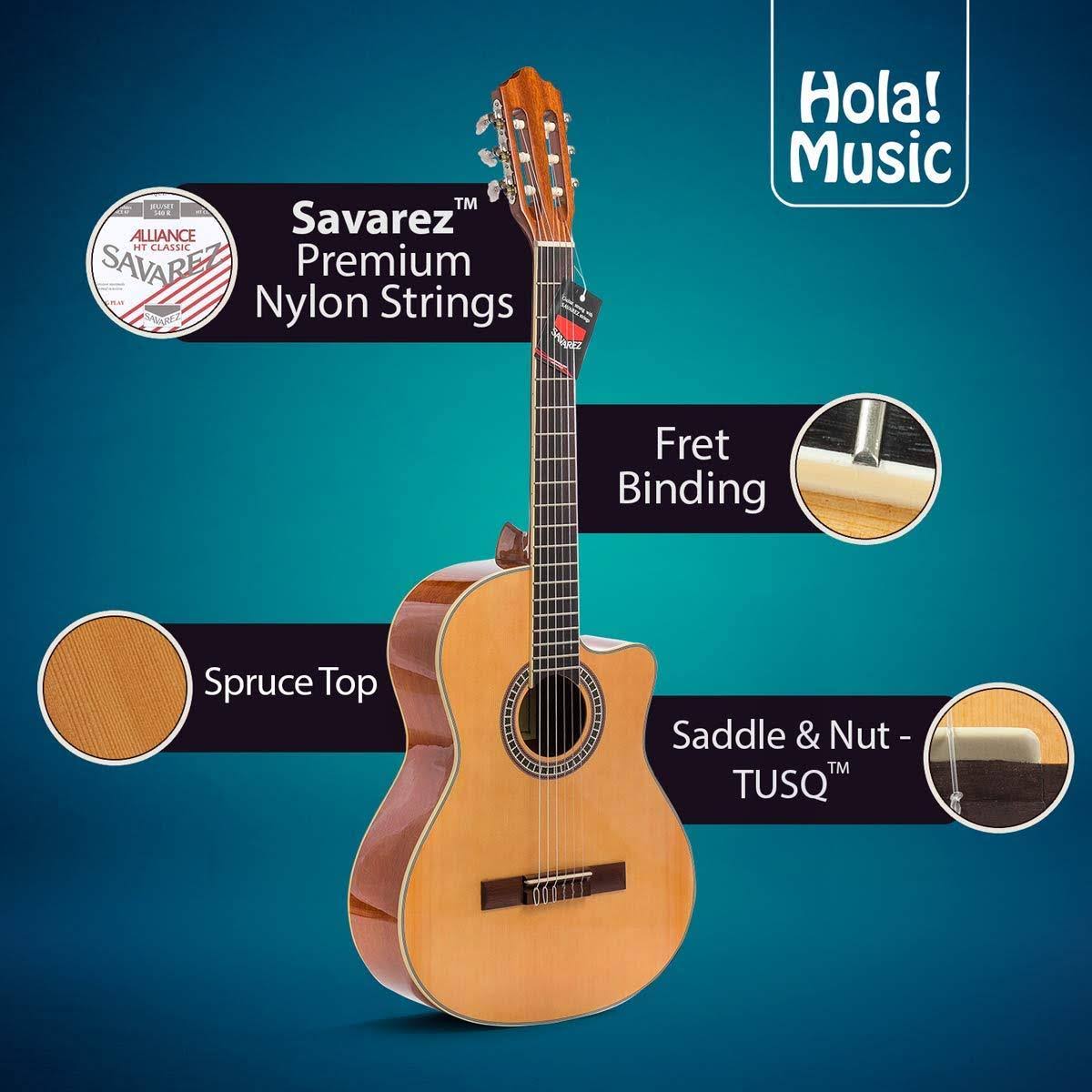 Cutaway Classical Guitar with Savarez Nylon Strings by Hola! Music, Full Size 39 inch Model HG-39C, Natural Gloss Finish - Free