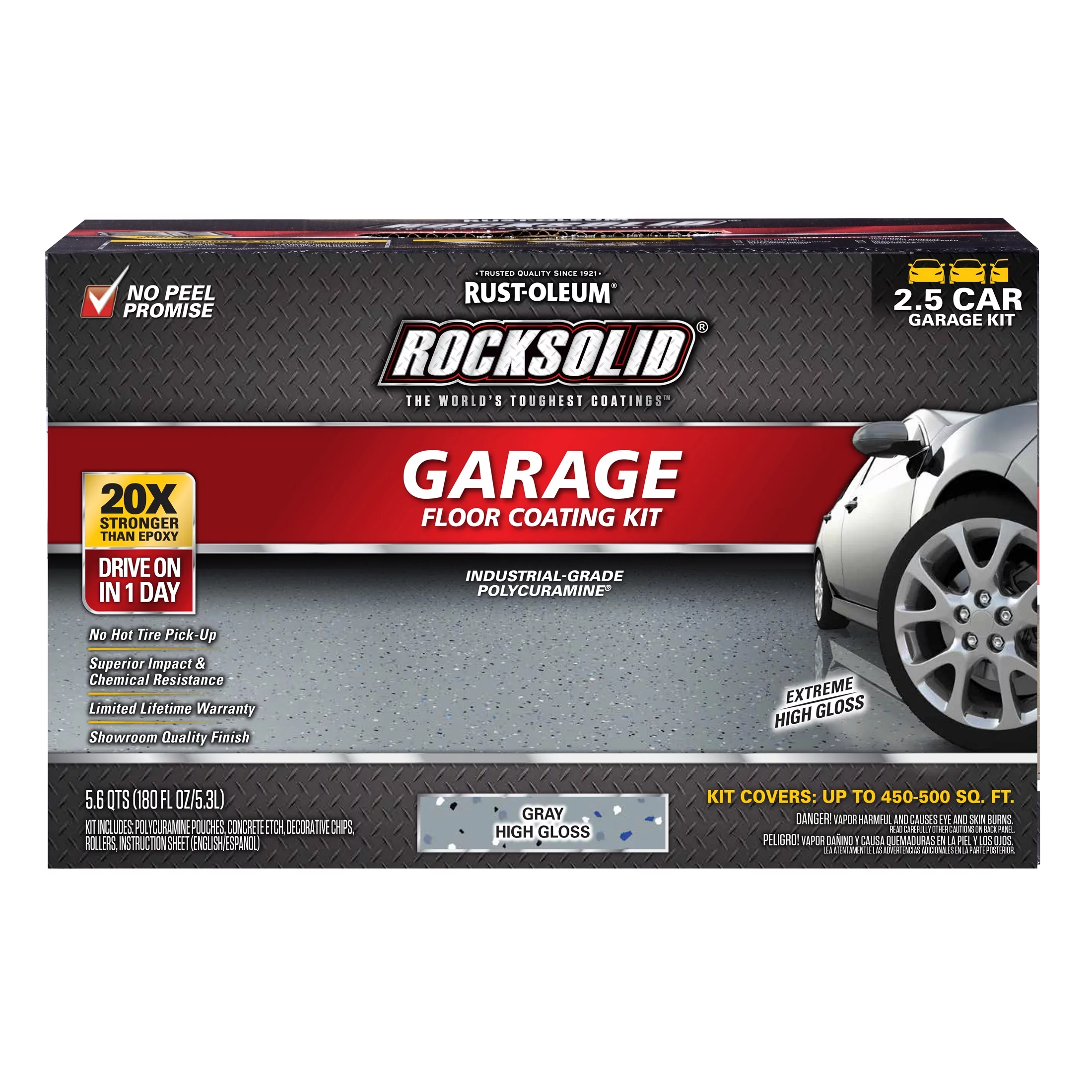 Gray, Rust-Oleum RockSolid Garage Floor Coating Kit-293513, High Gloss 2.5-Car,180 oz Kit, 1 Pack