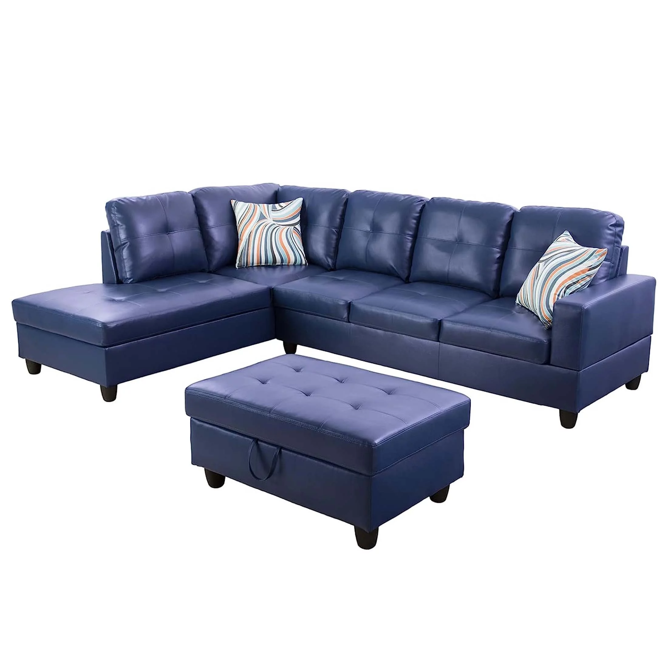 Momspeace Living Room Sectional Couch with Storage Ottoman, Modern PU Leather L-Shaped Sofa Couch Set - Blue