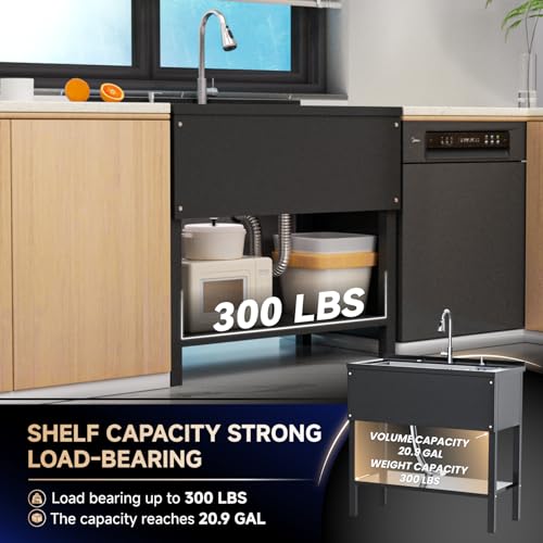 Stainless Steel Utility Sink,24" FreeStanding Laundry&Utility Room Sinks with Cold and Hot Water Faucet,Hoses and Drain Kit Commercial Single Bowl,Laundry Sink for Kitchens, Garage (24x18x36 Black)