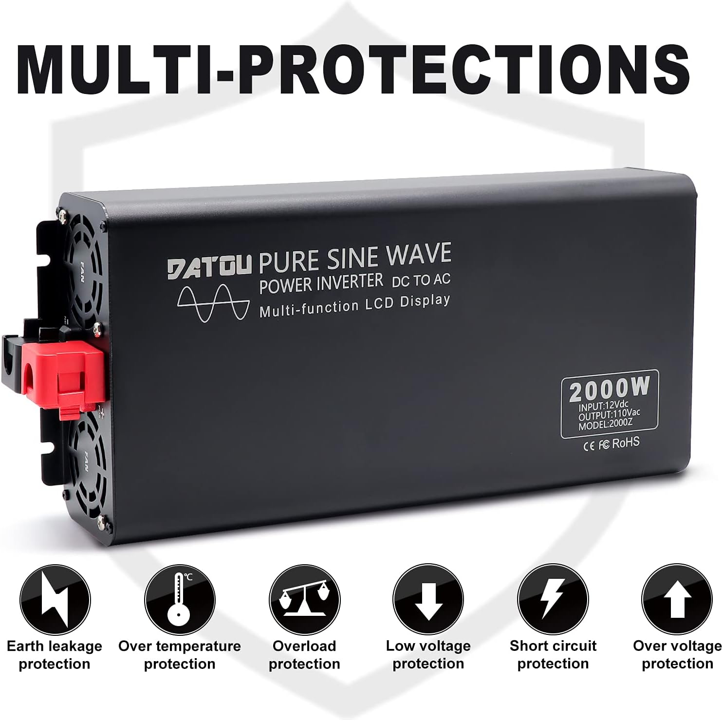 Pure Sine Wave Inverter 2000W Peak 4000W Power Inverter DC 12V to AC 110V 120V with 2 AC Outlets LCD Display for Home Solar System Car Truck RV Professional-Grade Voltage Converter Sine Wave Inverter