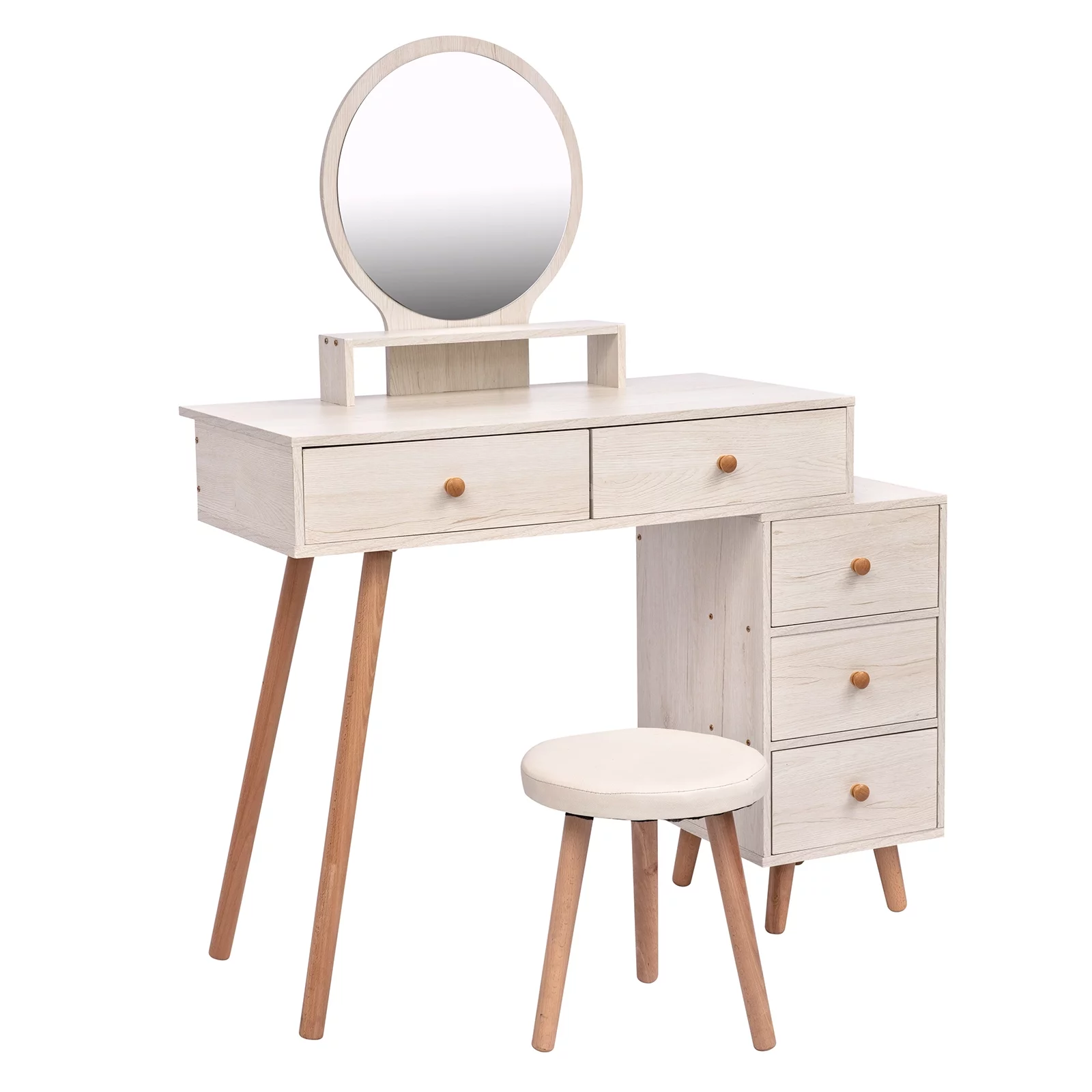 Ufurpie Makeup Vanity Table with Cushioned Stool,Large Capacity Storage Cabinet,5 Drawers,Large Round Mirror,Fasionable Makeup Furniture for Bedroom