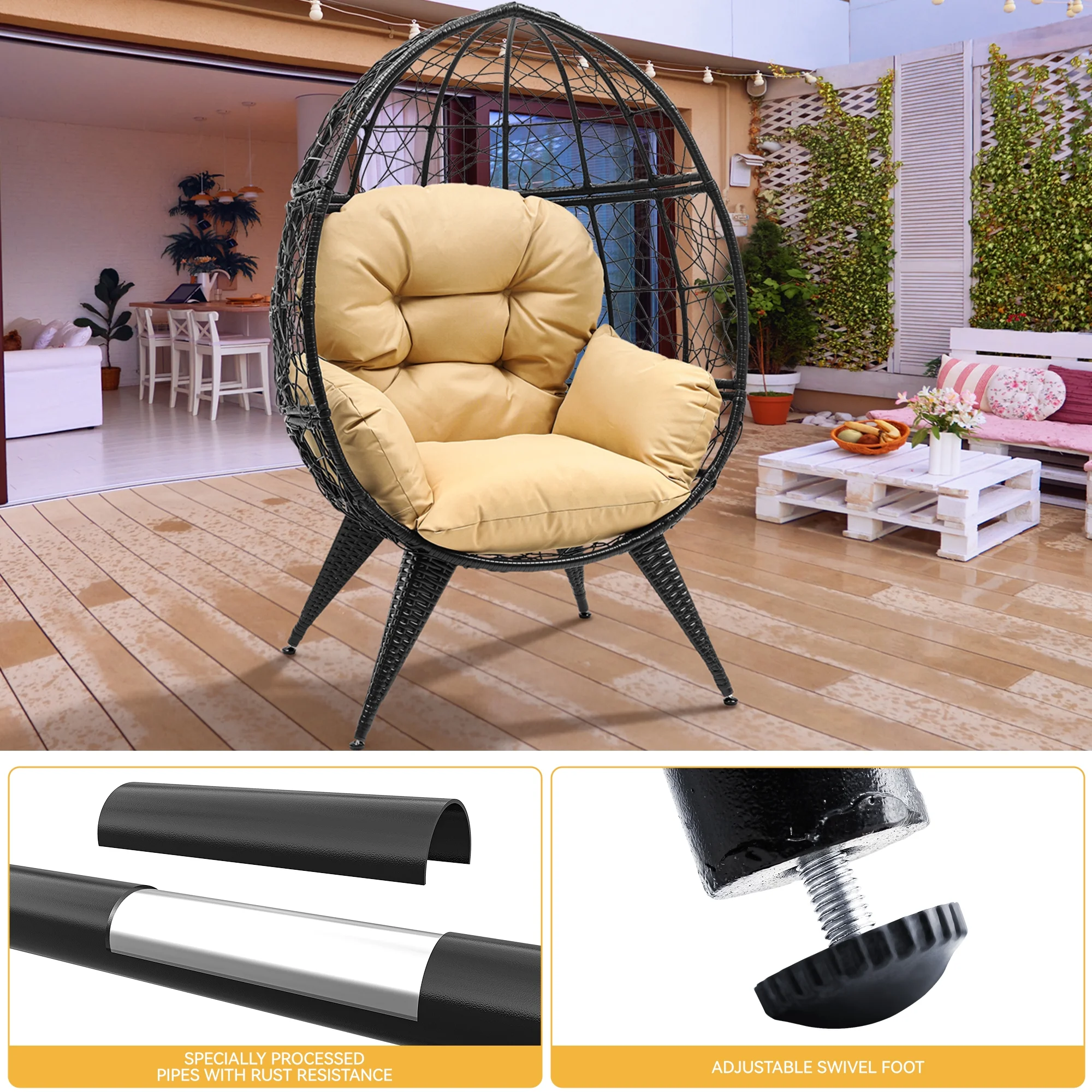 Dextrus Egg Chair Wicker Outdoor Indoor Oversized Large Lounger with Stand Cushion Egg Basket Chair 350lbs Capacity for Patio, Garden Backyard Balcony, Beige