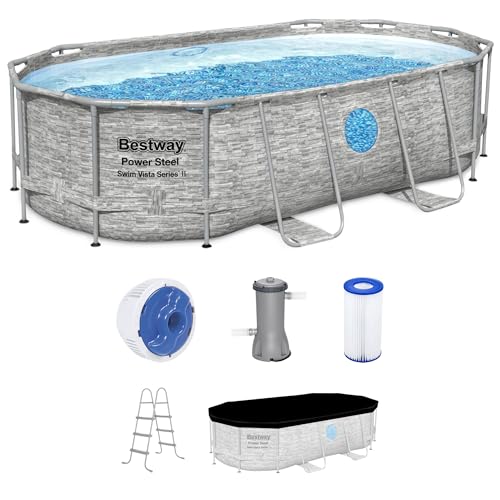 Bestway Power Steel Swim Vista Series II 14' x 8' 2" x 39.5" Above Ground Outdoor Swimming Pool Set with 530 GPH Filter Pump, Ladder, and Pool Cover