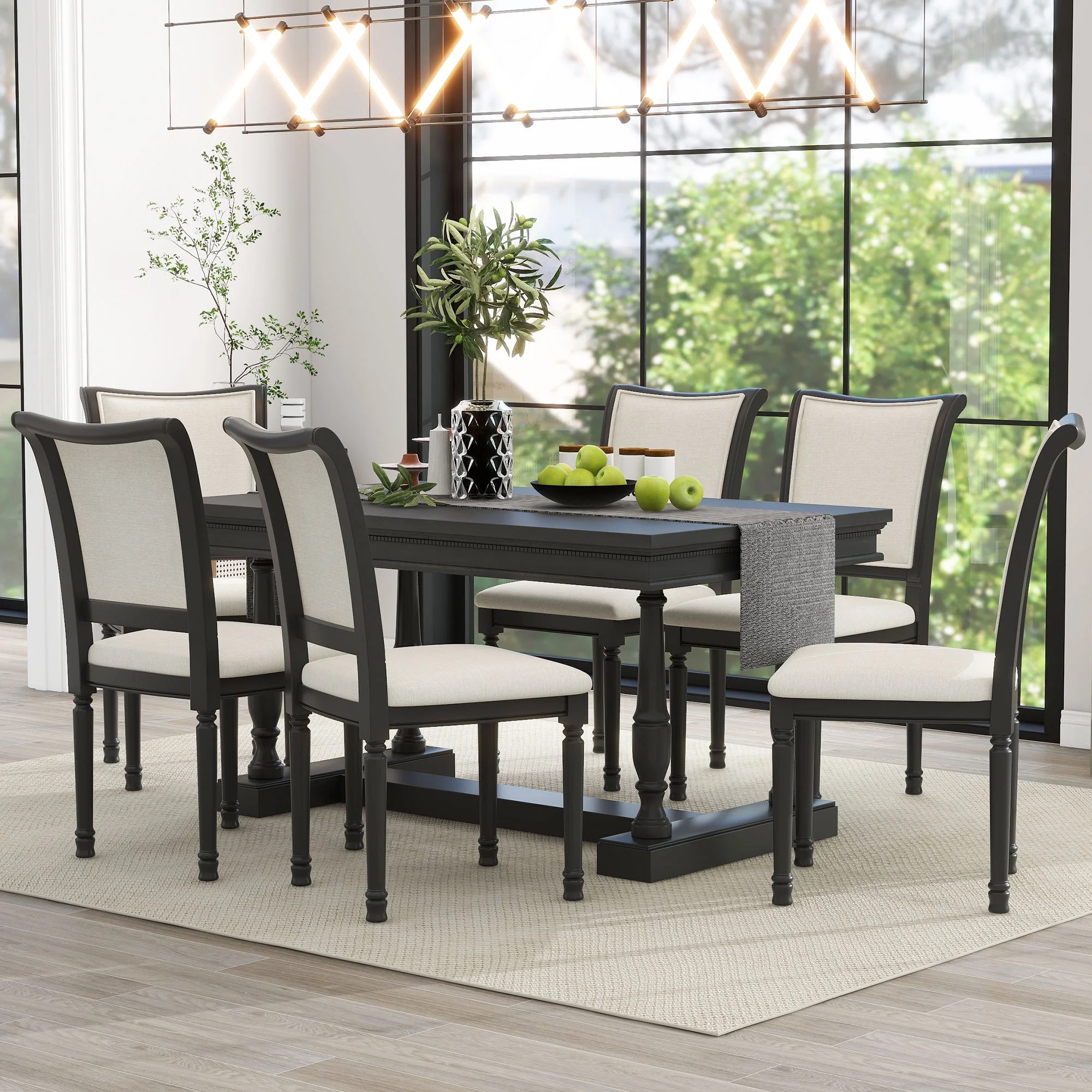 -Piece Dining Table Set with 4 Trestle Base and 6 Upholstered Chairs, Black - Curated Treasures Market