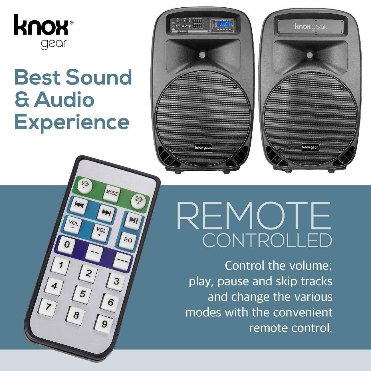 Knox Dual 15x22 Speakers, 600 Watt - 8 Piece Portable PA System - Microphone, Tripods, Remote Control