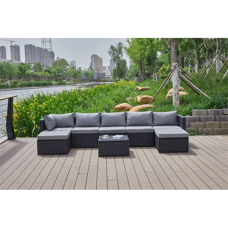 Kingway Furniture Beaufort Grey Wicker/Rattan Sectional with Storage Ottoman - W5008