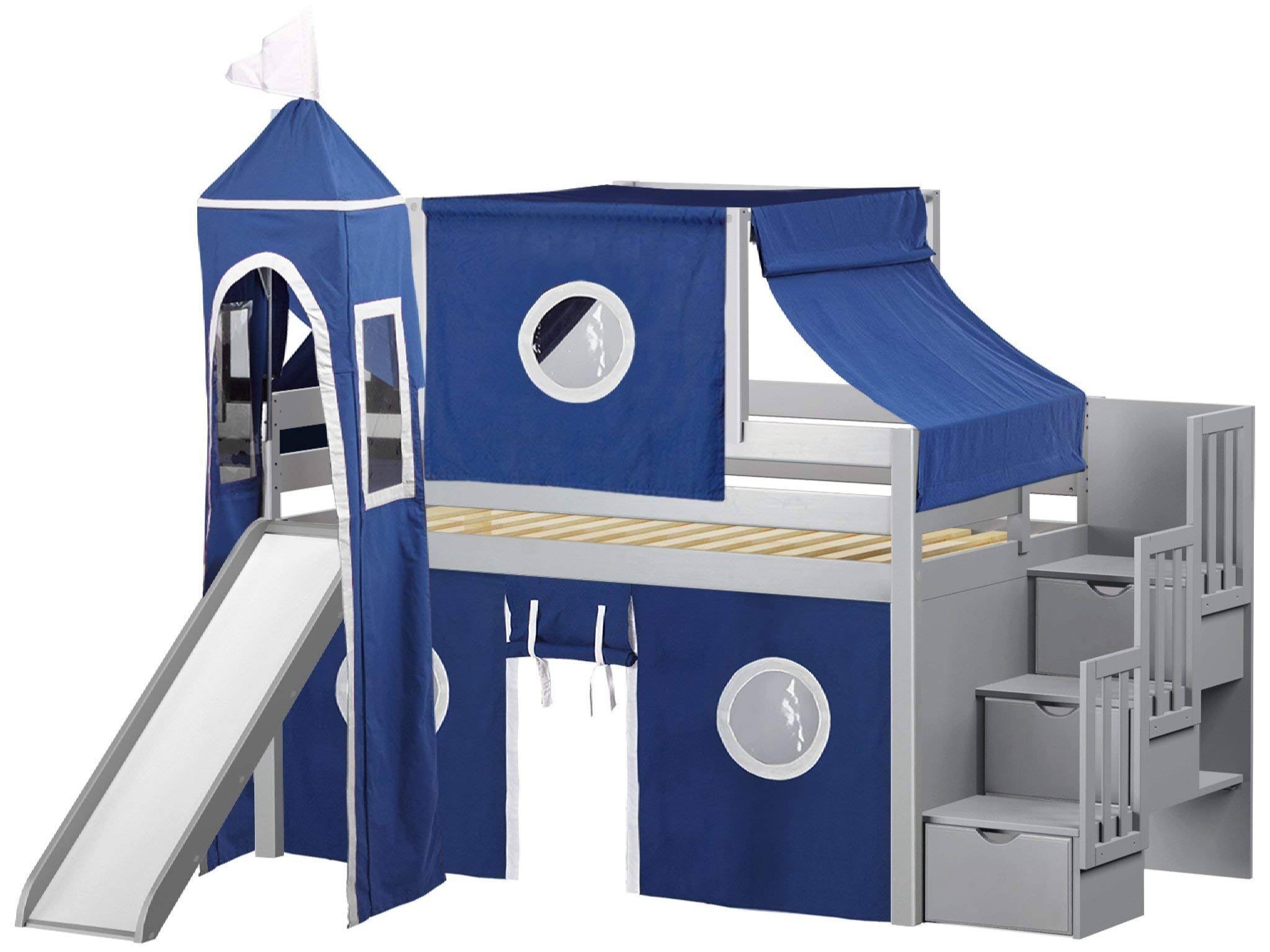 Jackpot Castle Low Loft Twin Stairway Bed with Slide Blue u0026 White Tent and Tower, Gray