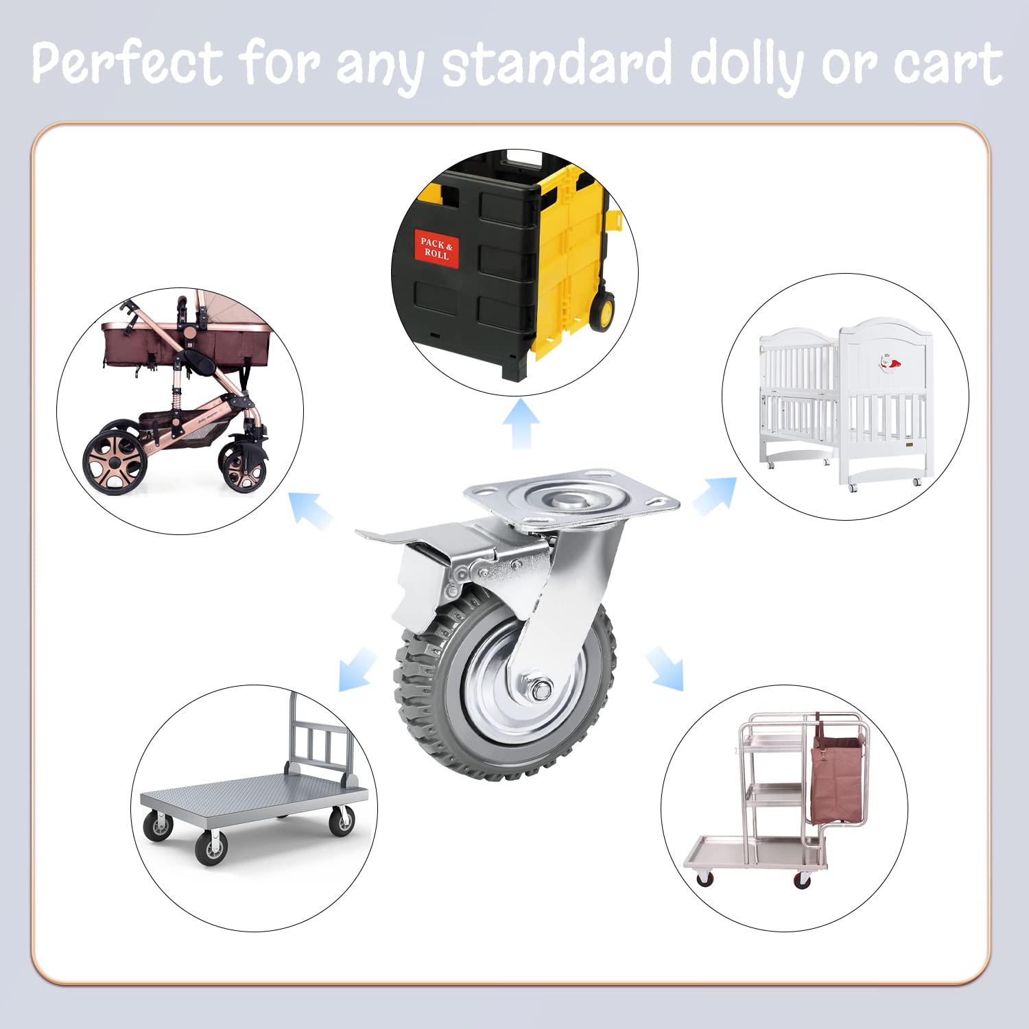 XINISS Heavy Duty Plate Casters Set, 6 inch Swivel Rubber Wheel Anti-Skid 360 Degree Ball Bearing Pneumatic Castor Wheels for Furniture and Workbench Set of 4 (2 with Brakes & 2 Without)