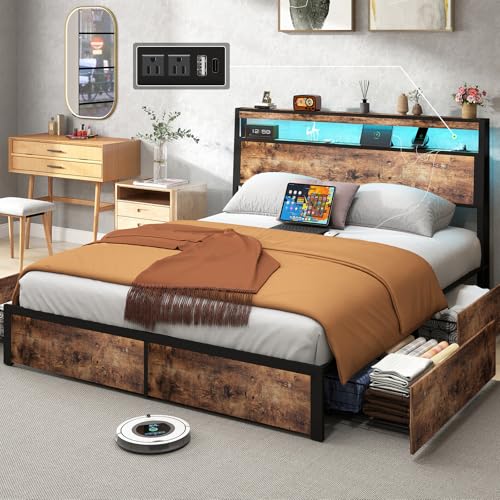 SADENICEL Queen Bed Frame with Storage Headboard and 4 Drawers, Metal Platform Bed Frame with LED Light, Charging Station, No Box Spring Needed, Noise Free, Easy Assembly, Vintage Brown