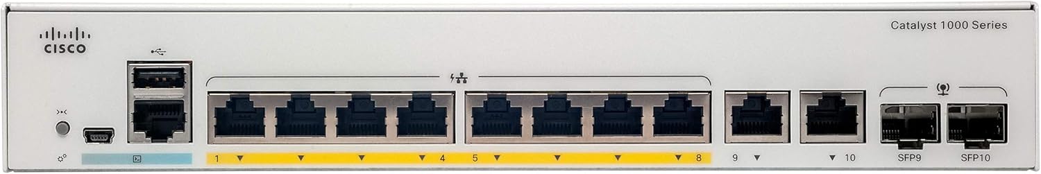 Cisco Catalyst 1000-8T-2G-L Network Switch, 8 Gigabit Ethernet (GbE) Ports, 2x 1G SFP/RJ-45 Combo Ports, Fanless Operation, Enhanced Limited Lifetime Warranty (C1000-8T-2G-L)