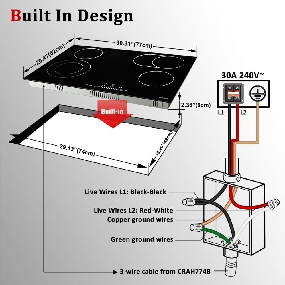Electric Cooktop 30 inch, ECOTOUCH Radiant Cooktop 4 Burner Smoothtop Electric Cooktop 30" Built in Electric Stove Top, 240V CRAH774B
