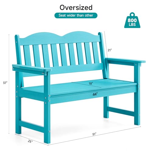Outdoor Bench, 2-Person Poly Lumber Garden Bench with 800 lbs Weight Capacity, All-Weather Patio Bench with Armrests and Backrest for Garden, Porch, Backyard and Park, Blue