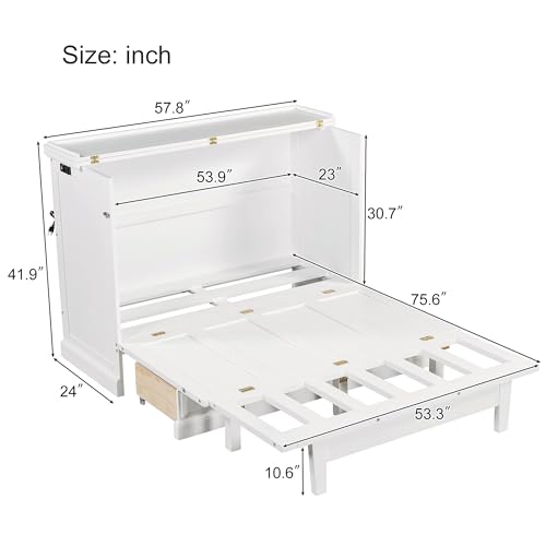 Harper & Bright Designs Queen Size Murphy Bed, Solid Pine Queen Murphy Frame Chest Cube Cabinet Bed with Charging Station and Large Storage Drawer for Home Office or Small Room, Gray