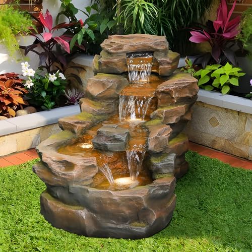 37" L Garden Outdoor Water Fountain, Floor Standing 5-Tiers Rock Natural Waterfall Outdoor Fountains with LED Lights for Patio, Porch, Home Art Decor