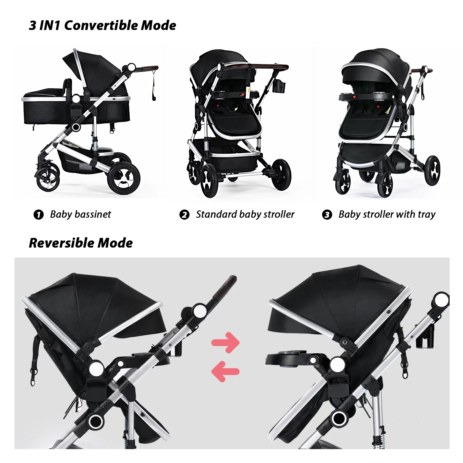AILEEKISS 3 in 1 Baby Stroller, Convertible Newborn Bassinet Stroller Unisex Infant Carriage, Black