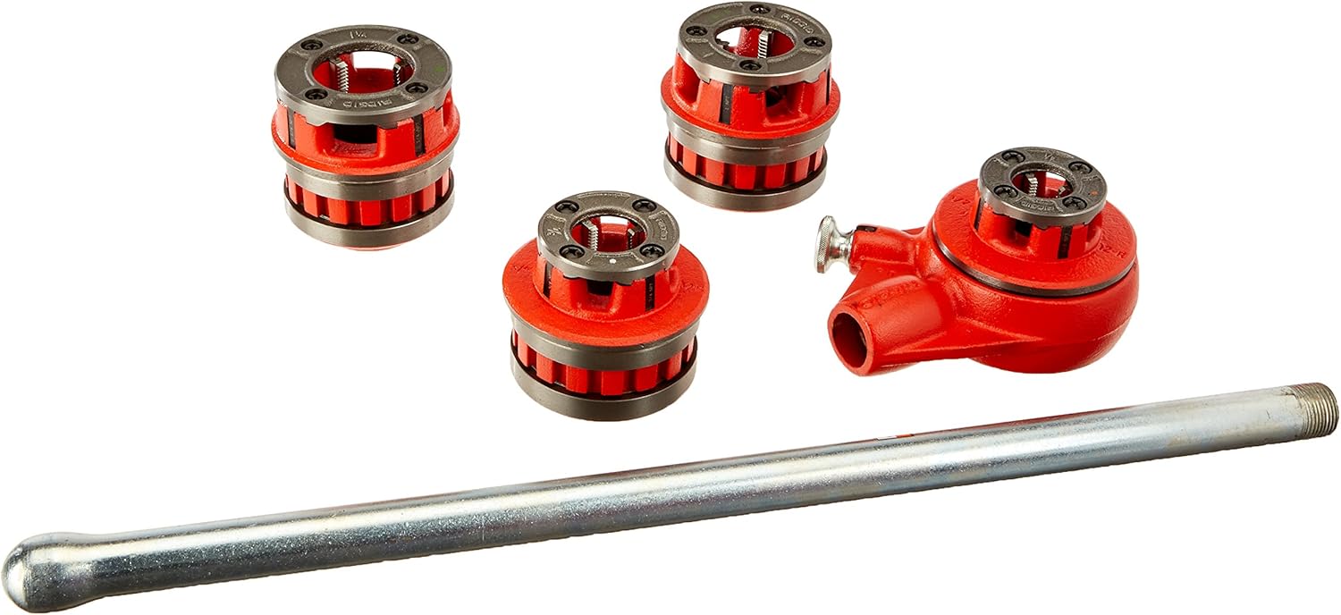 RIDGID 36480 12-R Exposed Ratchet Threader Set, Ratcheting Pipe Threading Set of 1/2-Inch to 1-1/4-Inch NPT Pipe Threading Dies and Manual Ratcheting Pipe Threader with Carrying Case,Silver/Red,Small