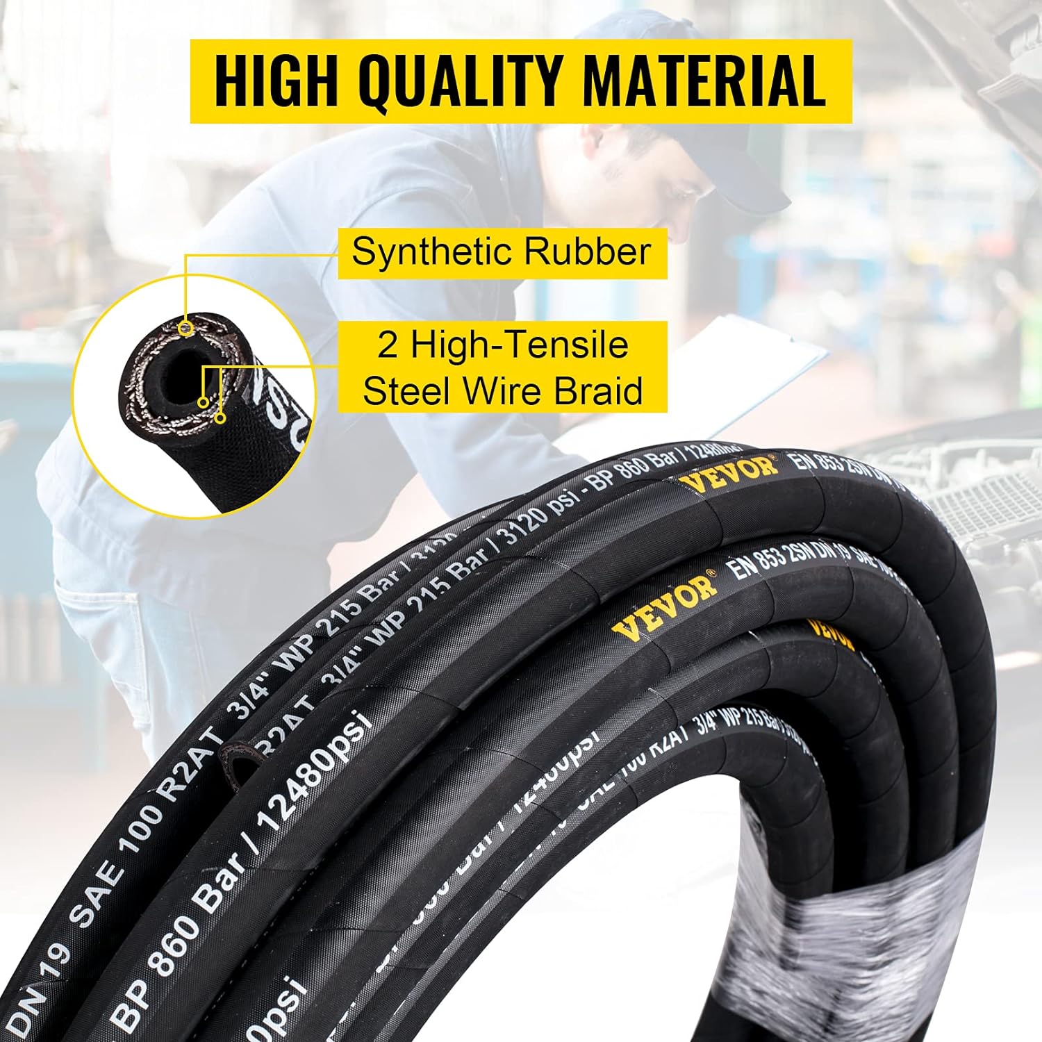 VEVOR Hydraulic Hose 1/4 inch x 100 ft, Coiled Hydraulic Hose 5800 PSI, Rubber Hydraulic Hose with 2 High-Tensile Steel Wire Braid, Bulk Hydraulic Hose -20℃ to 140℃, Hydraulic Oil Flexible Hose Pack of 2