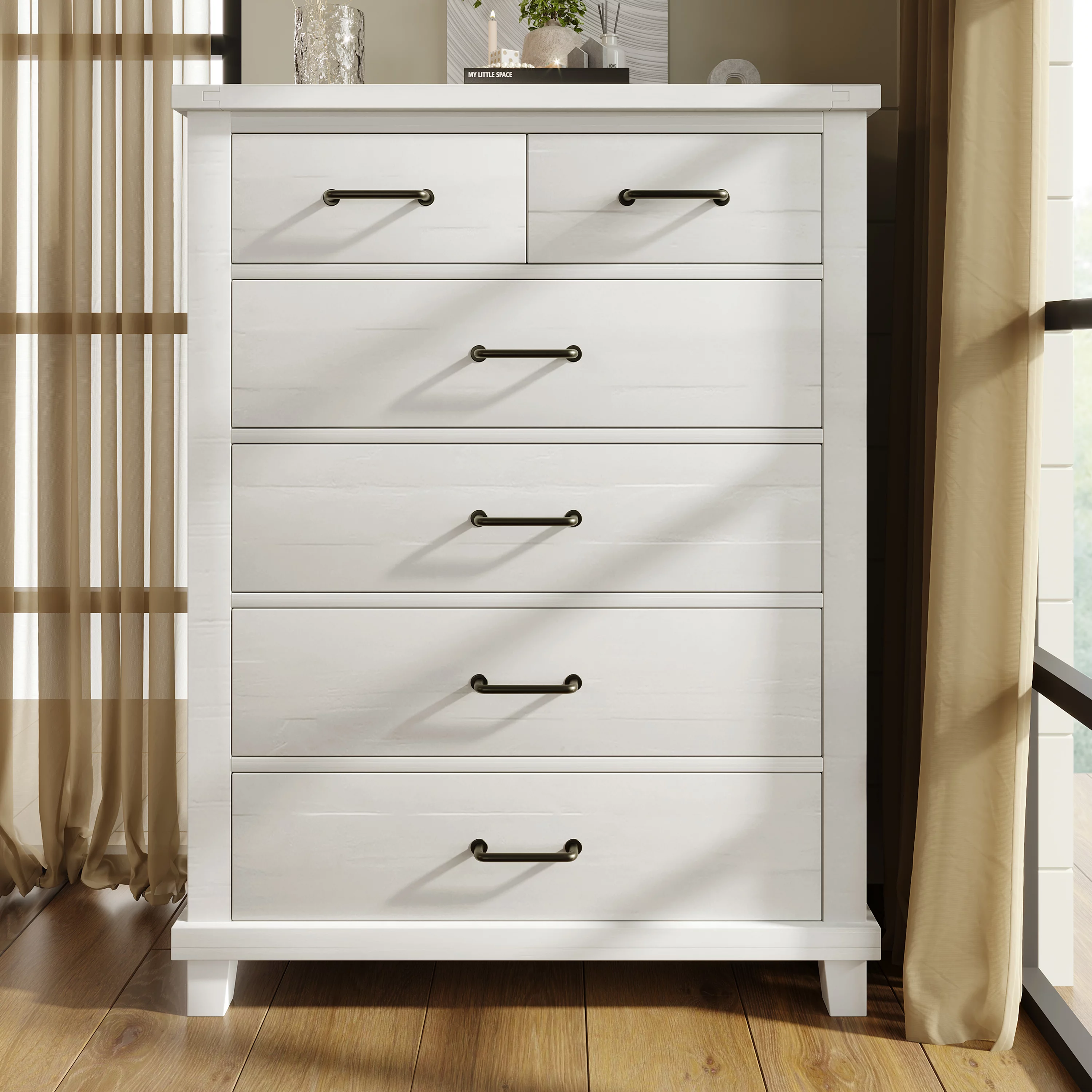 Rustic Farmhouse Style Solid Pine Wood Six-Drawer Chest Tallboy for Bedroom, Living Room, White