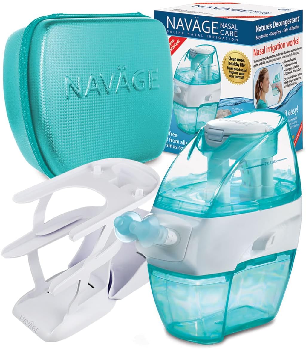 Navage Essentials Bundle - Navage Nasal Irrigation System - Saline Nasal Rinse Kit with 1 Navage Nose Cleaner, 30 SaltPods, Countertop Caddy and Teal Travel Case