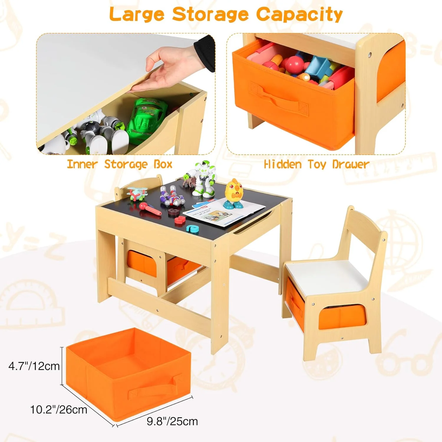 REDCAMP Kids Table and Chair Set, Wooden Activity Table with 2 Chairs,Storage Drawers,Activity Art Table for Toddler Drawing, Reading, Crafts, Play,（Natural）