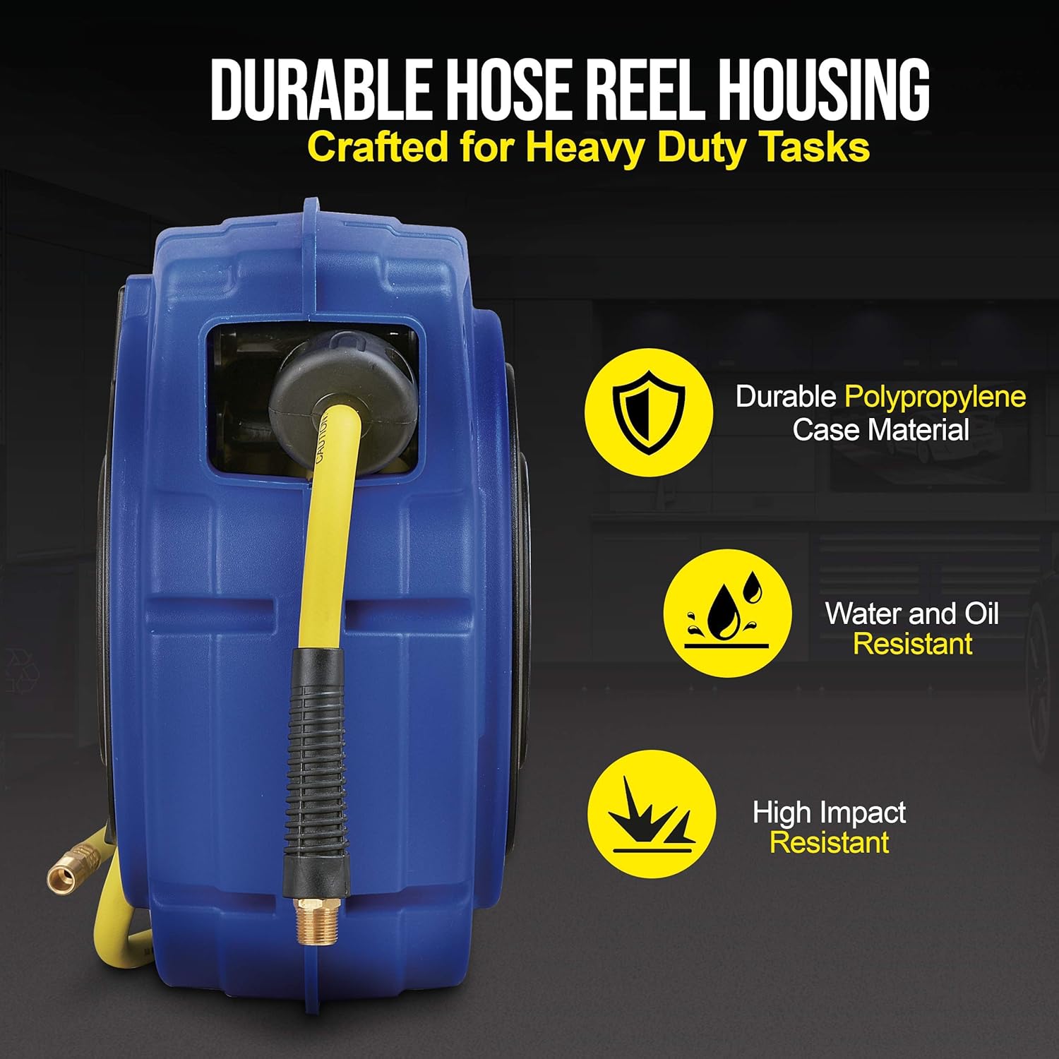 Goodyear Air Hose Reel Retractable 3/8 Inch x 50' Foot Hybrid Polymer Hose Max 300PSI Commerical Polypropylene Construction