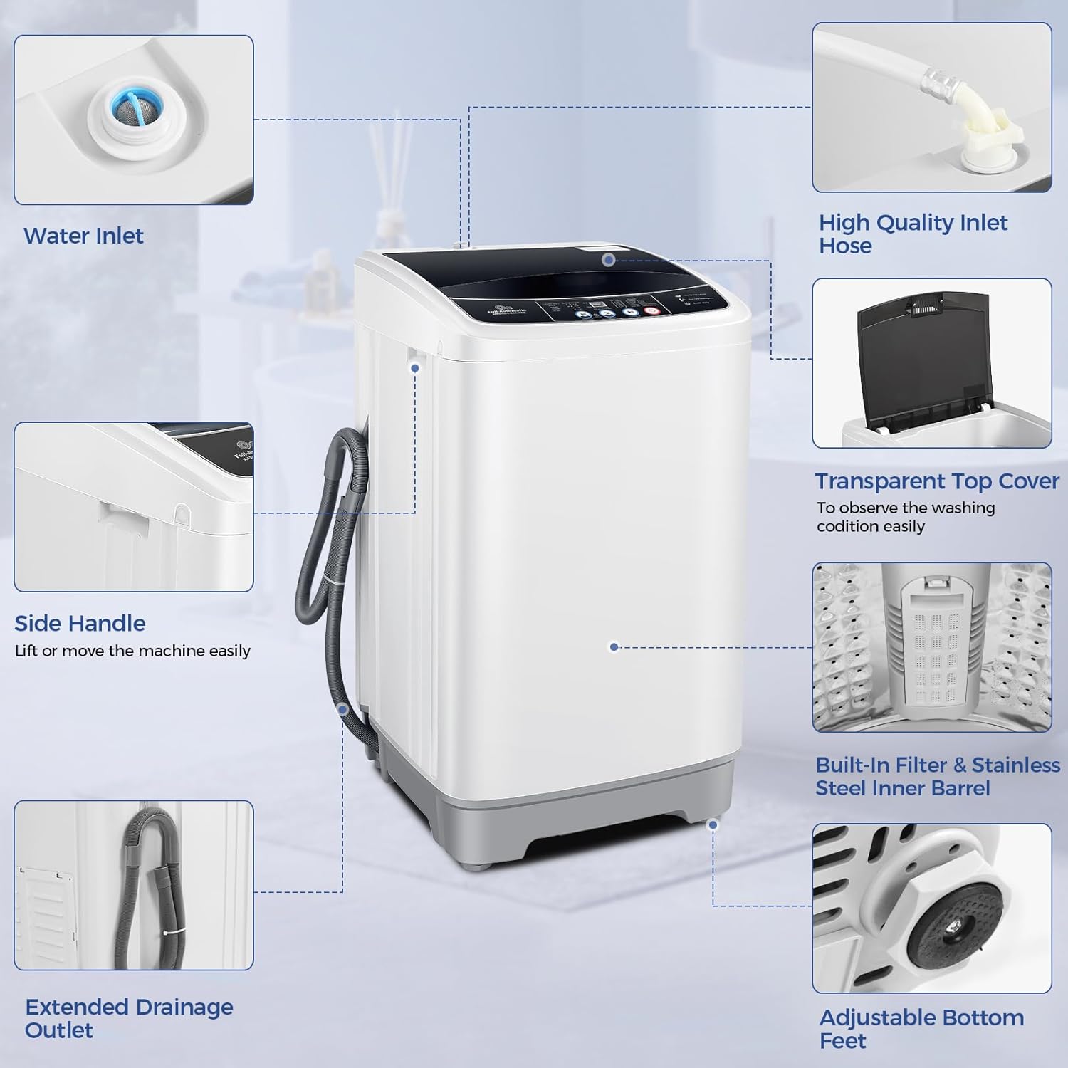 Nictemaw Portable Washing Machine 15.6Lbs Capacity 2.1 Cu.ft Portable Washer and Dryer Combo with 10 Programs and 8 Water Level Selections Compact Washer Machine for Apartments, Home, Dorms, Rv