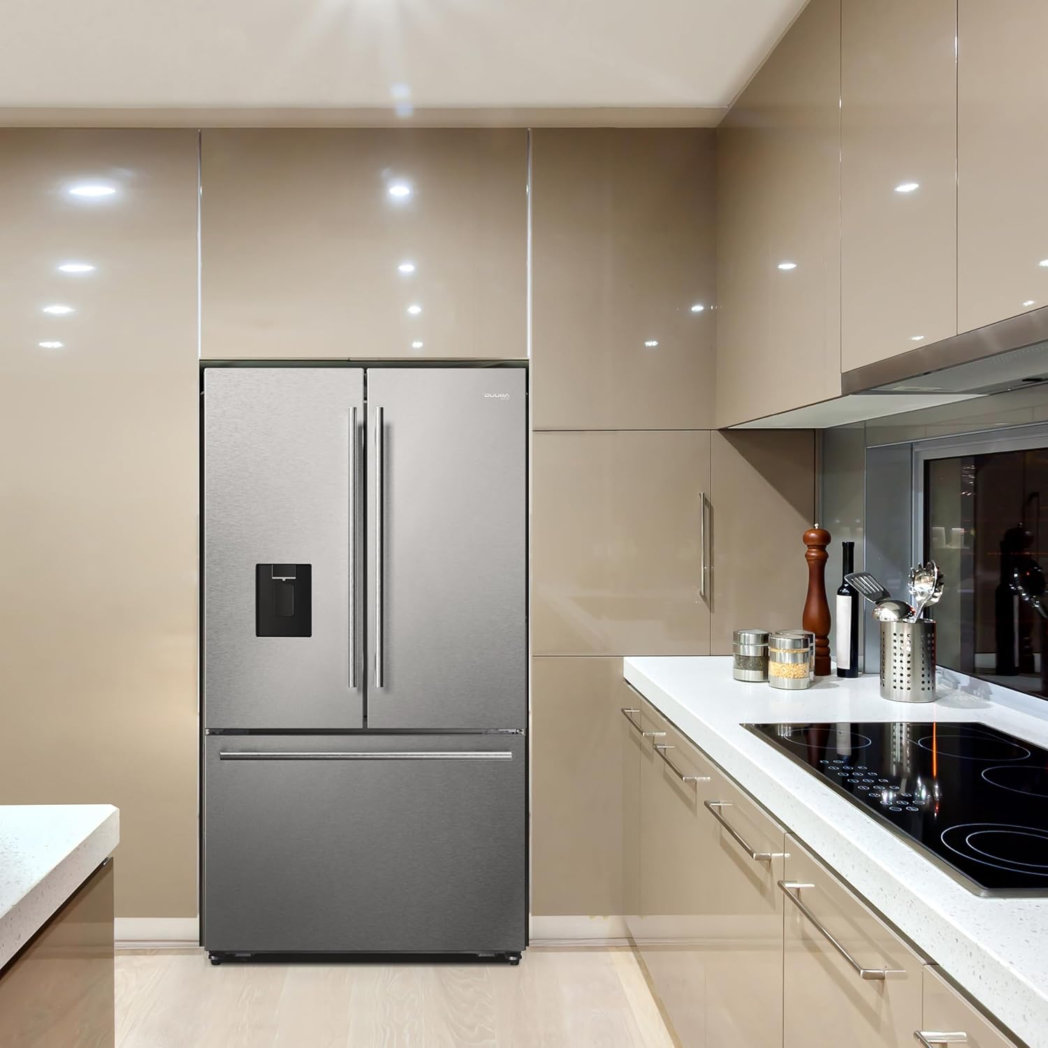 DE210FDBMDSS Refrigerator Built in with French Doors Adjustable Glass Shelves Dual Drawer Bottom Freezer with Ice Maker, LED Interior Light and Stainless Steel Exterior, 36-Inch, Metallic