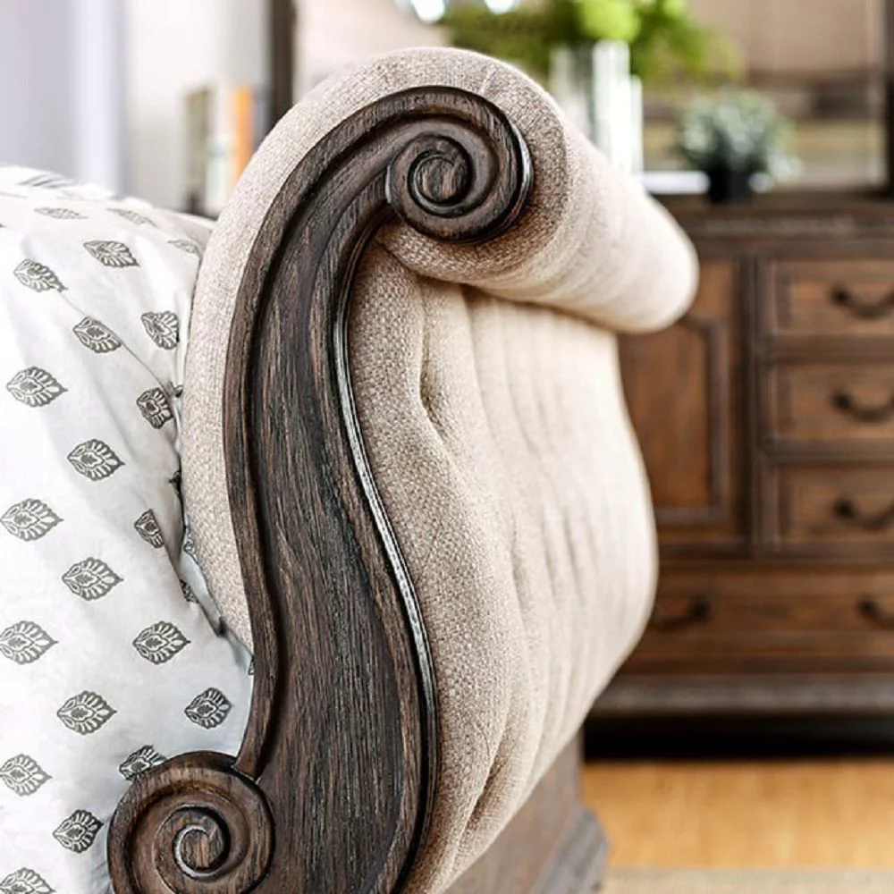 Luxury Stylish Traditional Intricate Wood Carving Rustric Natural Tone Finish Queen Size Sleigh Bed Dresser Mirror Nightstand 4pc Set Tufted Fabric HB FB
