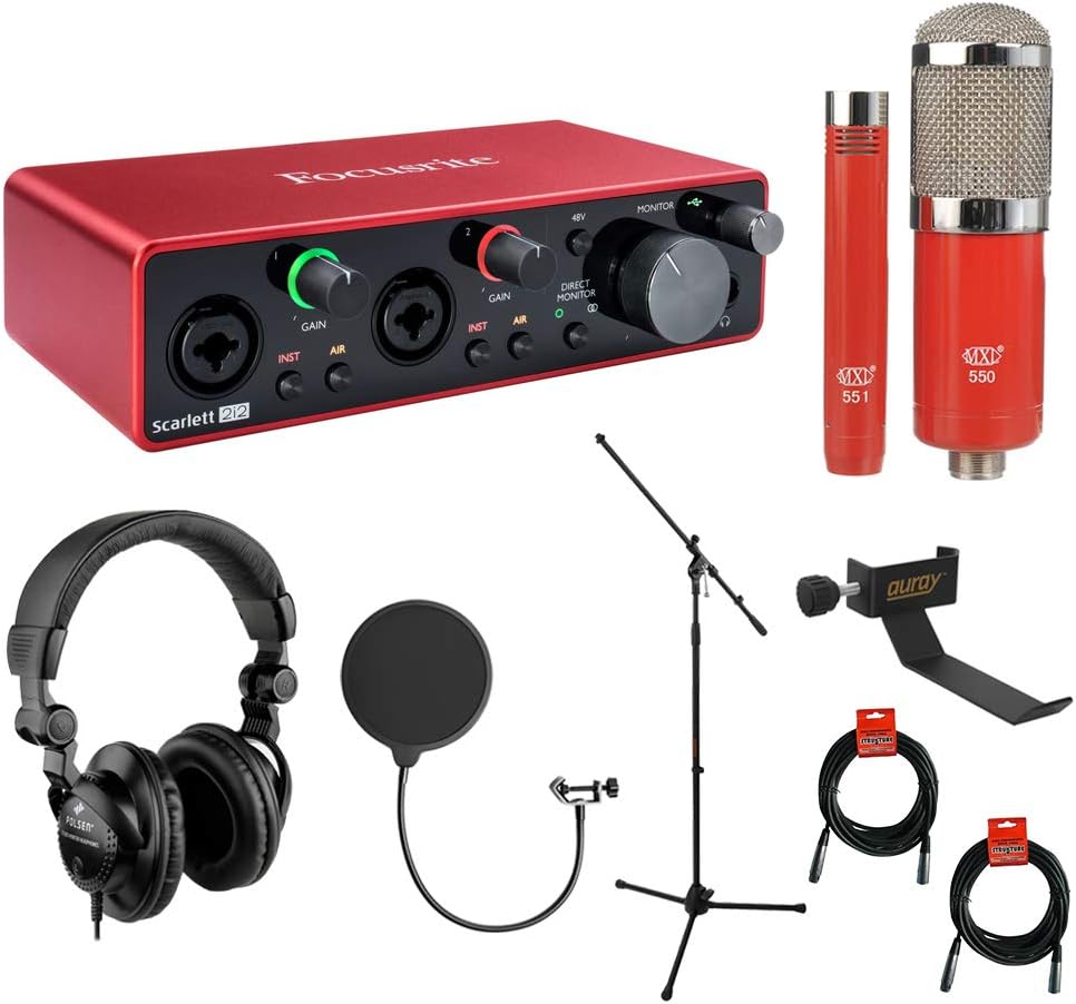 Focusrite Scarlett 2i2 3rd Gen 2-in, 2-out USB Audio Interface with MXL 550/551 Mic Ensemble (Red), Headphones, Pop Filter, Headphone Holder, Mic Stand & 2x XLR Cable Bundle