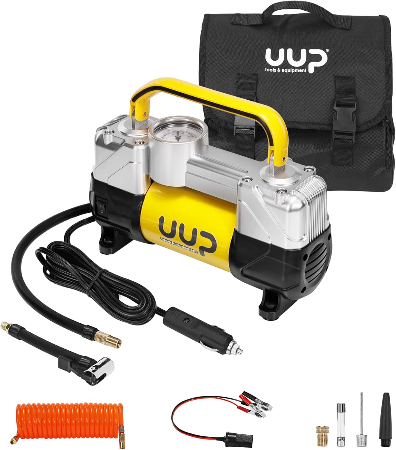 UUP Portable Air Compressor Tire Inflator Heavy Duty Double Cylinders with 12V DC,Metal Air Pump for Car Tires with Emergency LED Light for Car, Truck, SUV, Air Bed, Dinghy and Other Inflatables Pack of 2