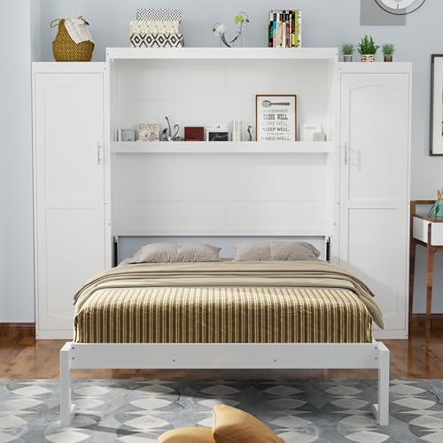 KLMM Wooden Murphy Bed Wall Bed with 2 Wardrobe and Storage Shelf,Foldable Platform Bedframe for Guest-Room Bedroom Study Office Use (White#E, Full)