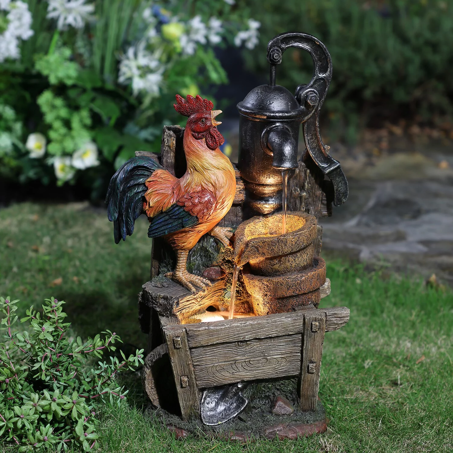 LuxenHome Farmhouse Pump and Rooster Resin Outdoor Fountain with LED Lights