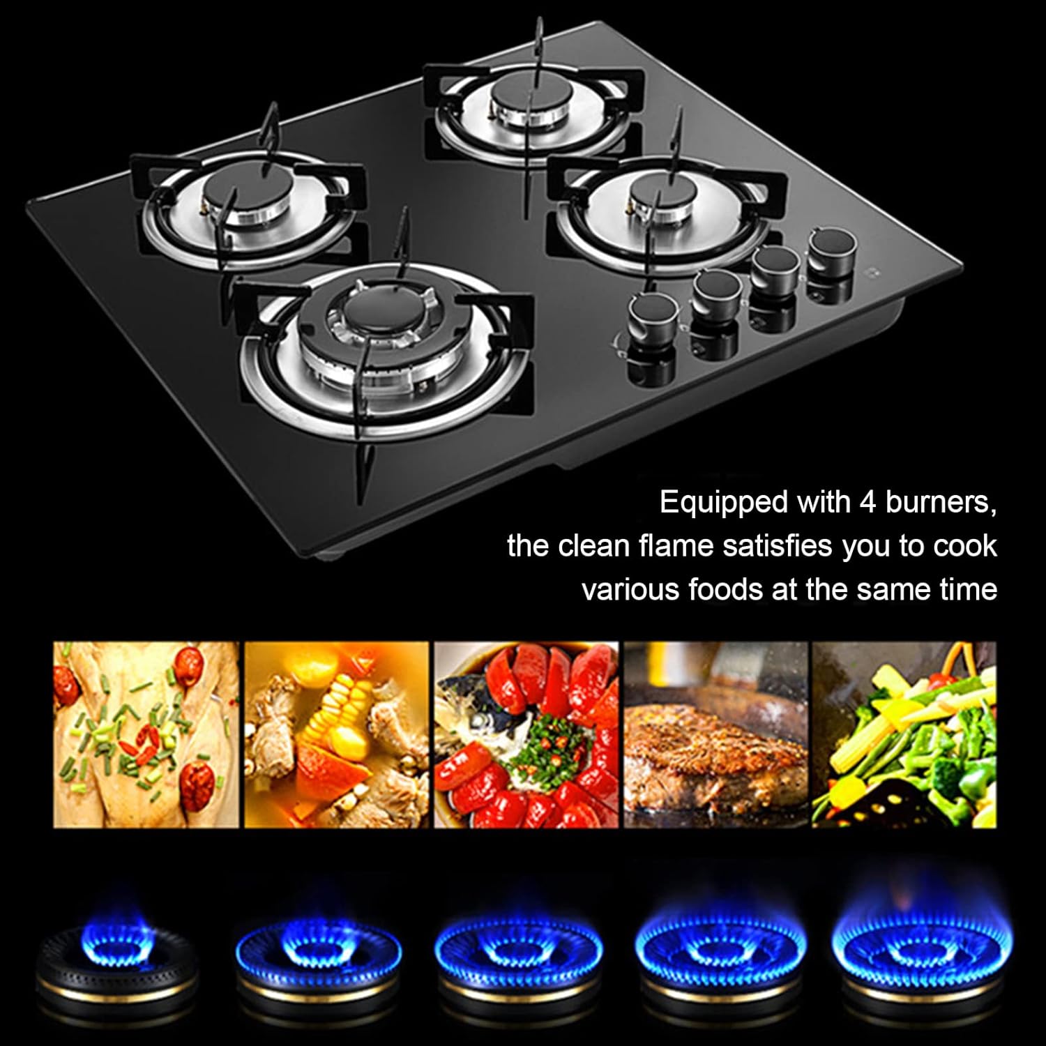 Gas Cooktop - 24 inch 4 Burners Built-in Stove - LPG/NG Dual Fuel Drop-in Tempered Glass Surface Gas Hob,Easy Clean Gas Stoves for Kitchen