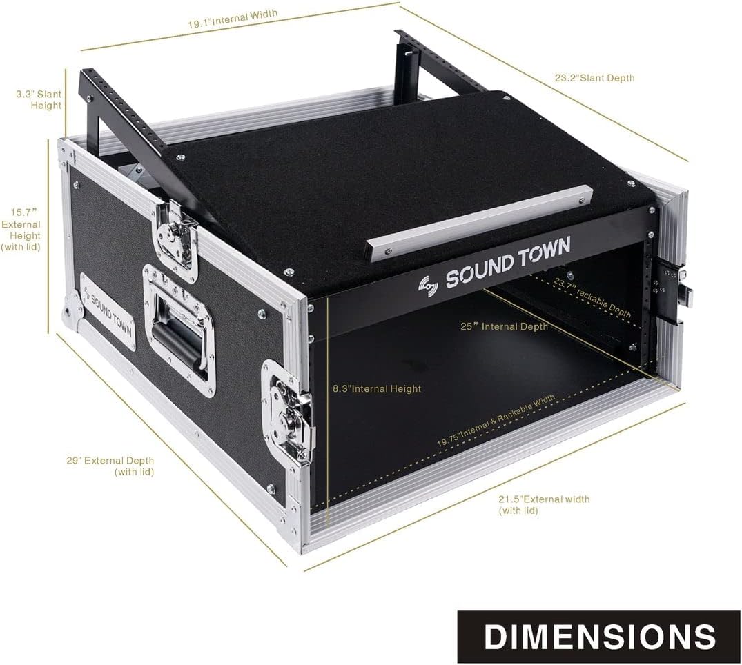 Sound Town 4U PA DJ Rack/Road Case with 11U Slant Mixer Top, 20’’ Rackable Depth, 4-Space Size - Pro Tour Grade (STMR-4US)