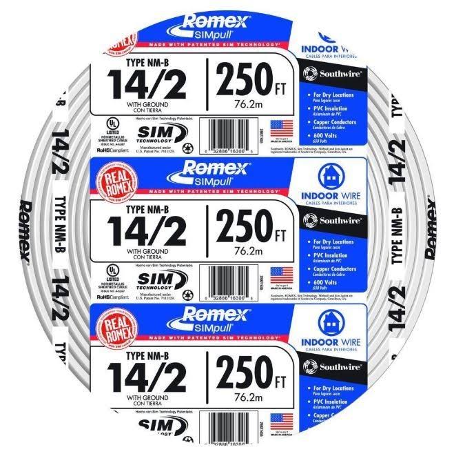 Southwire Romex SIMpull Cable w/Ground, White, 14/2 AWG, - 250 ft 28827455
